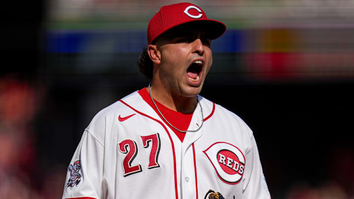 Cincinnati Reds first baseman Sal Stewart (27) celebrates Cincinnati Reds first baseman Sal Stewart (27) celebrates