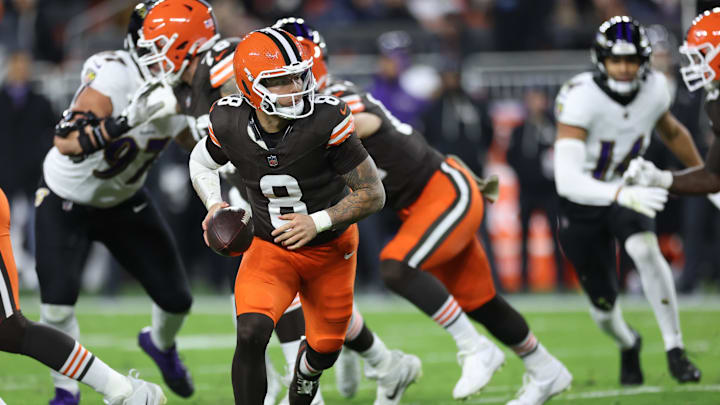 Nov 16, 2025; Cleveland, Ohio, USA; Cleveland Browns quarterback Dillon Gabriel (8) runs in the pocket during the second quarter against the Baltimore Ravens at Huntington Bank Field. Mandatory Credit: Scott Galvin-Imagn Images