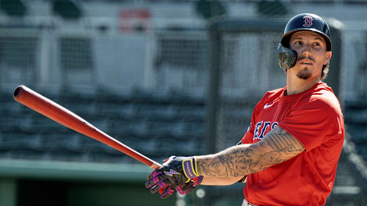 Boston Red Sox Jarren Duran (16) watches a foul ball during spring training at Jet Blue Park at Fenway South in 2025.
