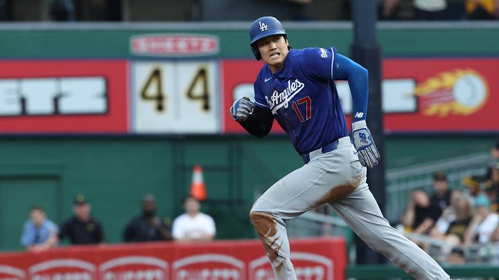 Jun 11, 2026; Pittsburgh, Pennsylvania, USA;  Los Angeles Dodgers designated hitter Shohei Ohtani (17) runs on a hit and run against the Pittsburgh Pirates during the fourth inning at PNC Park. Mandatory Credit: Charles LeClaire-Imagn Images
