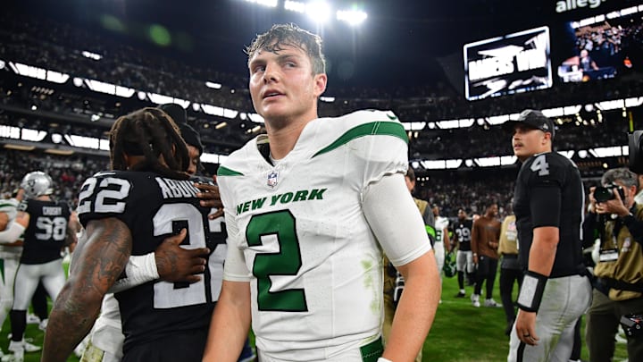 Nov 12, 2023; Paradise, Nevada, USA; New York Jets quarterback Zach Wilson (2) reacts following the loss against the Las Vegas Raiders at Allegiant Stadium. Mandatory Credit: Gary A. Vasquez-Imagn Images Nov 12, 2023; Paradise, Nevada, USA; New York Jets quarterback Zach Wilson (2) reacts following the loss against the Las Vegas Raiders at Allegiant Stadium. Mandatory Credit: Gary A. Vasquez-Imagn Images