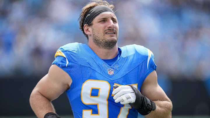 Sep 15, 2024; Charlotte, North Carolina, USA; Los Angeles Chargers linebacker Joey Bosa (97) during the first quarter against the Carolina Panthers at Bank of America Stadium. Mandatory Credit: Jim Dedmon-Imagn Images