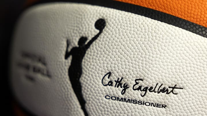 Aug 7, 2025; Phoenix, Arizona, USA; Detailed view of the name of WNBA commissioner Cathy Engelbert on an official WNBA basketball during a WNBA game at PHX Arena. Mandatory Credit: Mark J. Rebilas-Imagn Images