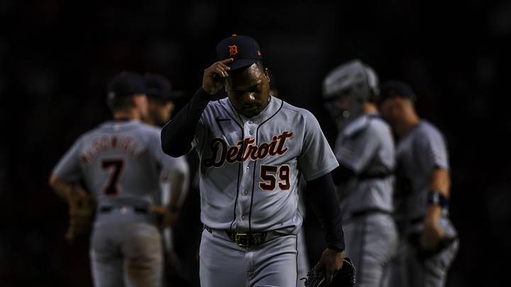 Apr 24, 2026; Cincinnati, Ohio, USA; Detroit Tigers starting pitcher Framber Valdez (59) walks off the field during a pitching change in the fifth inning against the Cincinnati Reds at Great American Ball Park. Mandatory Credit: Katie Stratman-Imagn Images