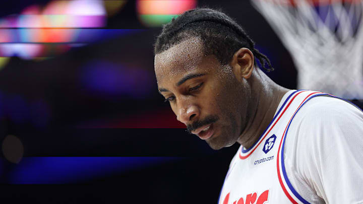 Mar 3, 2025; Philadelphia, Pennsylvania, USA; Philadelphia 76ers center Andre Drummond (1) looks on during a break in action in the third quarter against the Portland Trail Blazers at Wells Fargo Center. Mandatory Credit: Bill Streicher-Imagn Images Mar 3, 2025; Philadelphia, Pennsylvania, USA; Philadelphia 76ers center Andre Drummond (1) looks on during a break in action in the third quarter against the Portland Trail Blazers at Wells Fargo Center. Mandatory Credit: Bill Streicher-Imagn Images