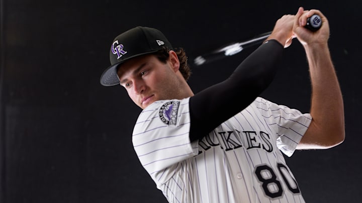 Feb 20, 2025; Scottsdale, AZ, USA; Colorado Rockies infielder Kyle Karros (80) as shot during MLB Media Day at Salt River Fields. Mandatory Credit: Allan Henry-Imagn Images Feb 20, 2025; Scottsdale, AZ, USA; Colorado Rockies infielder Kyle Karros (80) as shot during MLB Media Day at Salt River Fields. Mandatory Credit: Allan Henry-Imagn Images
