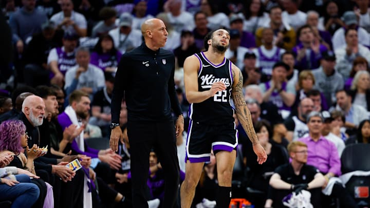 Apr 16, 2025; Sacramento, California, USA; Sacramento Kings guard Devin Carter (22) reacts after a play during the second quarter against the Dallas Mavericks at Golden 1 Center. Mandatory Credit: Sergio Estrada-Imagn Images