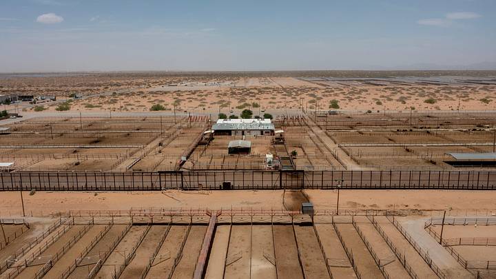 Santa Teresa Cattle Union and Union Ganadera Ciudad Juárez show cattle enclosures empty on May 13, 2025. 