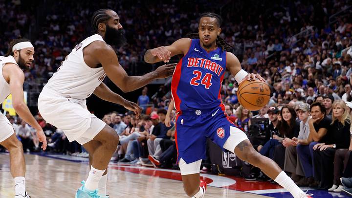 May 17, 2026; Detroit, Michigan, USA; Detroit Pistons guard Daniss Jenkins (24) dribbles against Cleveland Cavaliers guard James Harden (1) in the second half during game seven of the second round of the 2026 NBA Playoffs at Little Caesars Arena. Mandatory Credit: Rick Osentoski-Imagn Images May 17, 2026; Detroit, Michigan, USA; Detroit Pistons guard Daniss Jenkins (24) dribbles against Cleveland Cavaliers guard James Harden (1) in the second half during game seven of the second round of the 2026 NBA Playoffs at Little Caesars Arena. Mandatory Credit: Rick Osentoski-Imagn Images