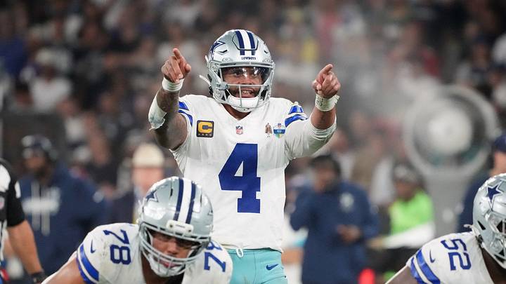 Sep 27, 2026; Rio De Janeiro, BRA;  Dallas Cowboys quarterback Dak Prescott (4) sets the play against the Baltimore Ravens during the game at Maracana Stadium.  Mandatory Credit: Kirby Lee-Imagn Images