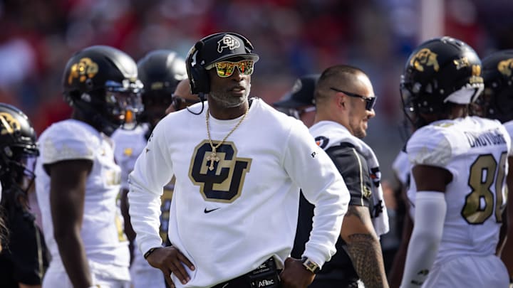 Oct 19, 2024; Tucson, Arizona, USA; Colorado Buffalos head coach Deion Sanders against the Arizona Wildcats at Arizona Stadium. Mandatory Credit: Mark J. Rebilas-Imagn Images
