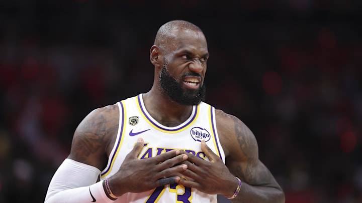 Apr 26, 2026; Houston, Texas, USA; Los Angeles Lakers forward LeBron James (23) walks on the court before the start of the game against the Houston Rockets in game four of the first round of the 2026 NBA Playoffs at Toyota Center. Mandatory Credit: Troy Taormina-Imagn Images