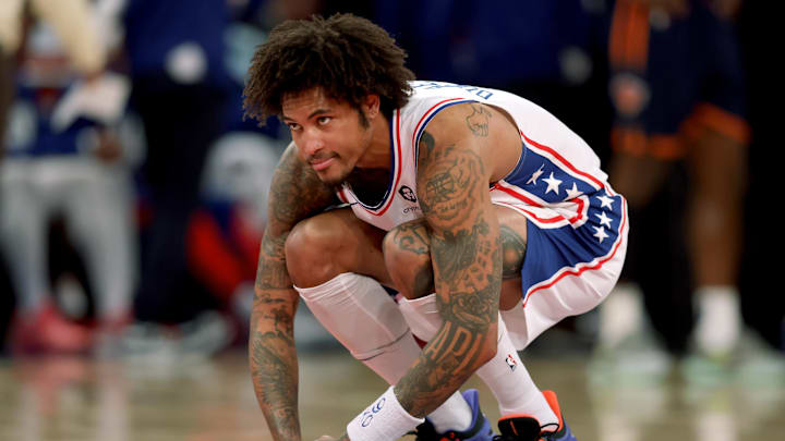 Feb 26, 2025; New York, New York, USA; Philadelphia 76ers guard Kelly Oubre Jr. (9) reacts during the third quarter against the New York Knicks at Madison Square Garden. Mandatory Credit: Brad Penner-Imagn Images