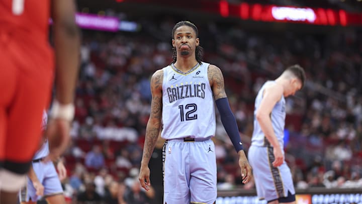 Memphis Grizzlies guard Ja Morant (12) reacts after a play during the third quarter against the Houston Rockets at Toyota Center. 