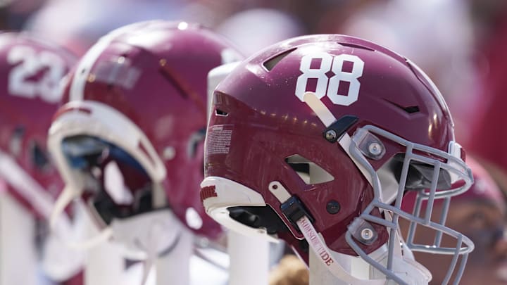 Sep 14, 2024; Madison, Wisconsin, USA;  General view of Alabama Crimson Tide helmets during the game against the Wisconsin Badgers at Camp Randall Stadium. Mandatory Credit: Jeff Hanisch-Imagn Images