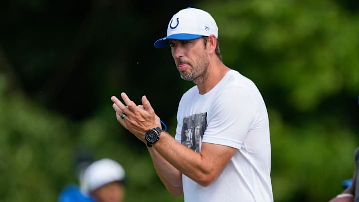 Indianapolis Colts head coach Shane Steichen walks up the field Monday, Aug. 11, 2025, during Indianapolis Colts Training Camp at Grand Park in Westfield.