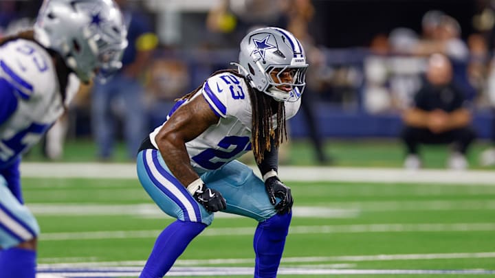 Aug 22, 2025; Arlington, Texas, USA; Dallas Cowboys linebacker Buddy Johnson (23) lines up against the Atlanta Falcons during the second quarter at AT&T Stadium. 