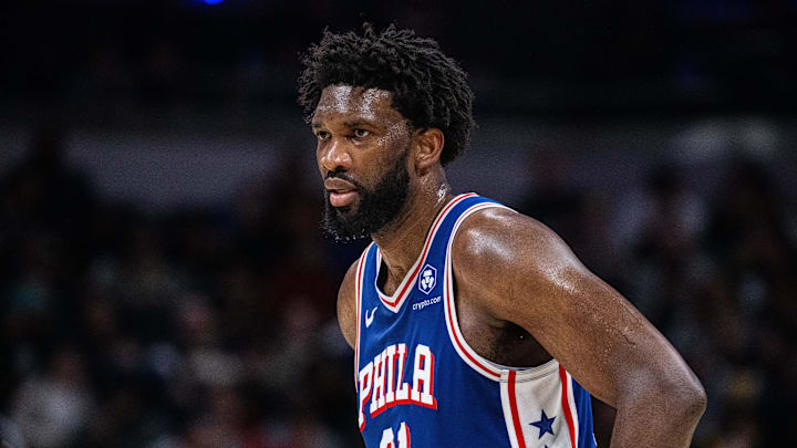 Jan 25, 2024; Indianapolis, Indiana, USA; Philadelphia 76ers center Joel Embiid (21) looks on in the Jan 25, 2024; Indianapolis, Indiana, USA; Philadelphia 76ers center Joel Embiid (21) looks on in the