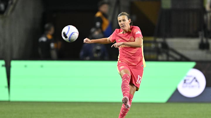Sep 13, 2024; Portland, Oregon, USA;  Portland Thorns FC forward Christine Sinclair (12) passes the ball during the second half against the Chicago Red Stars at Providence Park.
