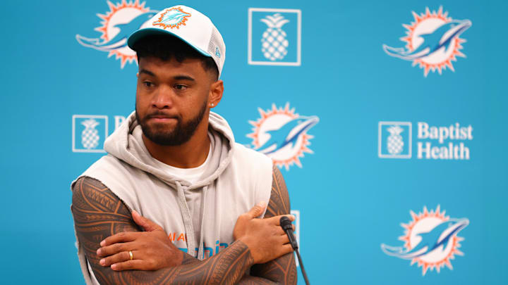 Dolphins quarterback Tua Tagovailoa addresses the media