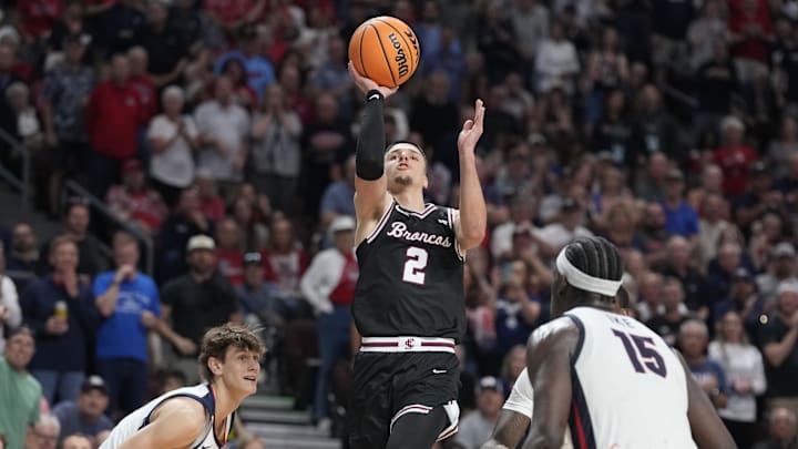 March 10, 2026; Las Vegas, NV, USA; Santa Clara Broncos guard Sash Gavalyugov (2) shoots the basketball against Gonzaga Bulldogs forward Graham Ike (15) during the second half at Orleans Arena. Mandatory Credit: Kyle Terada-Imagn Images
