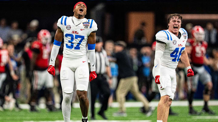 Ole Miss safety Cortez Thomas (37) and linebacker Cooper Cannon (46) celebrate on the field after the Sugar Bowl and College Football Playoff quarterfinals at Caesars Superdome in New Orleans, La., on Thursday, Jan. 1, 2026. Ole Miss defeated Georgia 39-34.