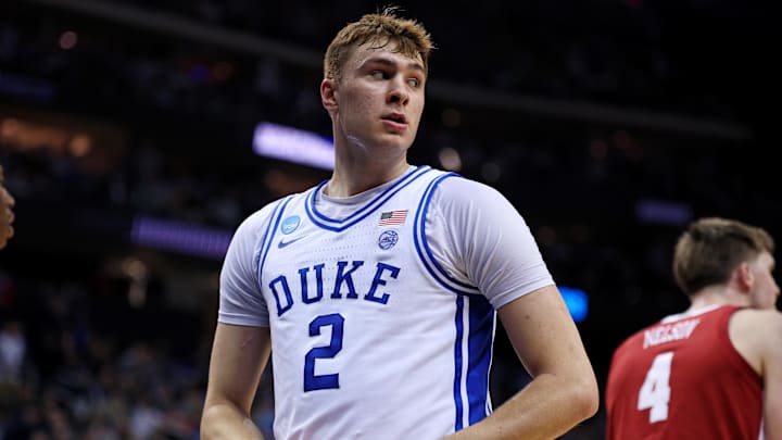 Mar 29, 2025; Newark, NJ, USA; Duke Blue Devils forward Cooper Flagg (2) celebrates after a basket during the first half against the Alabama Crimson Tide in the East Regional final of the 2025 NCAA tournament at Prudential Center. Mandatory Credit: Vincent Carchietta-Imagn Images