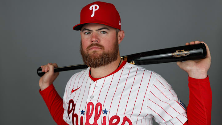 Feb 20, 2025; Clearwater, FL, USA; Philadelphia Phillies second baseman Christian Arroyo (22) participates in media day at BayCare Ballpark.
