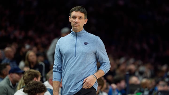 Jan 29, 2026; Minneapolis, Minnesota, USA; Oklahoma City Thunder head coach Mark Daigneault walks toward the bench against the Minnesota Timberwolves in the second quarter at Target Center. Mandatory Credit: Matt Blewett-Imagn Images