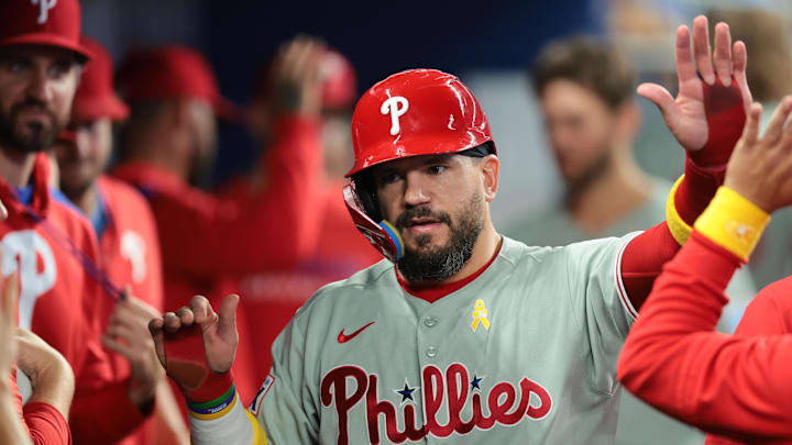 Sep 7, 2025; Miami, Florida, USA; Philadelphia Phillies designated hitter Kyle Schwarber (12) celebrates after scoring against the Miami Marlins during the sixth inning at loanDepot Park. Mandatory Credit: Sam Navarro-Imagn Images Sep 7, 2025; Miami, Florida, USA; Philadelphia Phillies designated hitter Kyle Schwarber (12) celebrates after scoring against the Miami Marlins during the sixth inning at loanDepot Park. Mandatory Credit: Sam Navarro-Imagn Images