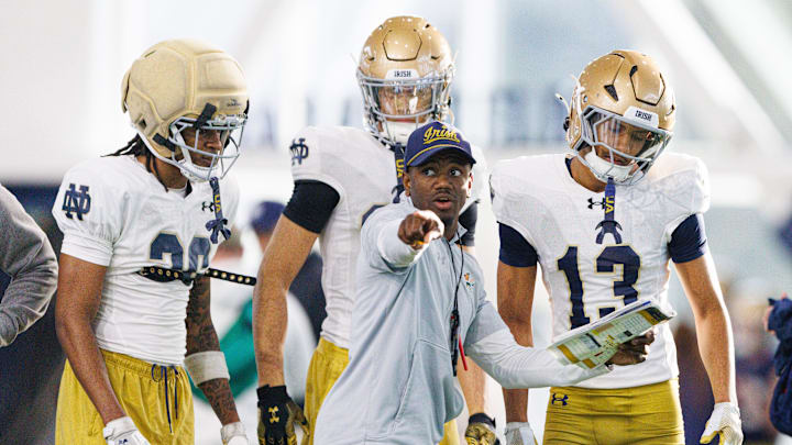 Safeties coach Jevaughn Codlin, center, during a Notre Dame football practice at Irish Athletic Center on Wednesday, April 8, 2026, in South Bend. Safeties coach Jevaughn Codlin, center, during a Notre Dame football practice at Irish Athletic Center on Wednesday, April 8, 2026, in South Bend.