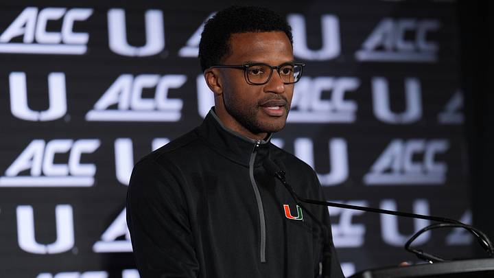 Oct 7, 2026; Charlotte, NC, USA;  Miami Hurricanes head coach Jai Lucas answers questions from the media during the ACC Tip-Off in Charlotte, NC.  Mandatory Credit: Jim Dedmon-Imagn Images
