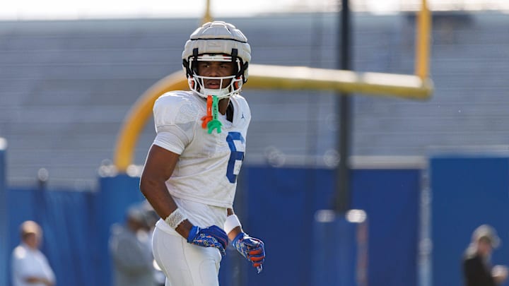 Florida Gators wide receiver Dallas Wilson (6) waits for a drill to start during spring football practice at Heavener Football Complex at the University of Florida in Gainesville, FL on Tuesday, March 11, 2025. [Matt Pendleton/Gainesville Sun]