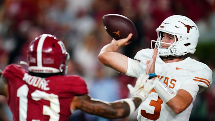 Sep 9, 2023; Tuscaloosa, Alabama, USA; Texas Longhorns quarterback Quinn Ewers (3) passing against