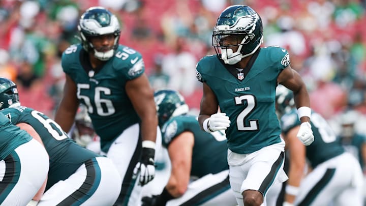 Sep 28, 2025; Tampa, Florida, USA; Philadelphia Eagles wide receiver Jahan Dotson (2) moves down the line of scrimmage during the third quarter against the Tampa Bay Buccaneers at Raymond James Stadium. Mandatory Credit: Nathan Ray Seebeck-Imagn Images