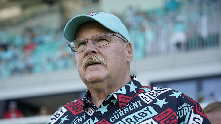 Jun 9, 2024; Kansas City, Missouri, USA; Kansas City Chief coach Andy Reid watches warm ups before the match between Seattle Reign FC and Kansas City Current at CPKC Stadium. Mandatory Credit: Jay Biggerstaff-Imagn Images