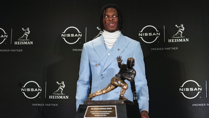 Dec 14, 2024; New York, NY, USA; Colorado Buffaloes wide receiver/cornerback Travis Hunter poses for a photo during a press conference before the 2024 Heisman Trophy Presentation. Mandatory Credit: Lucas Boland-Imagn Images