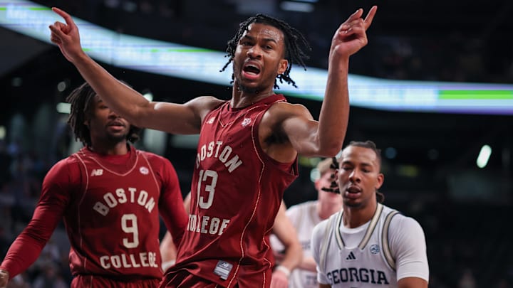 Jan 3, 2026; Atlanta, Georgia, USA; Boston College Eagles guard Donald Hand Jr. (13) reacts after a ball goes out of bounds against the Georgia Tech Yellow Jackets in the second half at McCamish Pavilion. Mandatory Credit: Brett Davis-Imagn Images