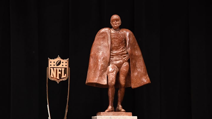 Feb 3, 2018; Minneapolis, MN, USA; Walter Payton NFL Man of the Year trophy and the NFL Honors trophy during media availabilities during the NFL Honors show at Cyrus Northrop Memorial Auditorium at the University of Minnesota. Mandatory Credit: Kirby Lee-Imagn Images