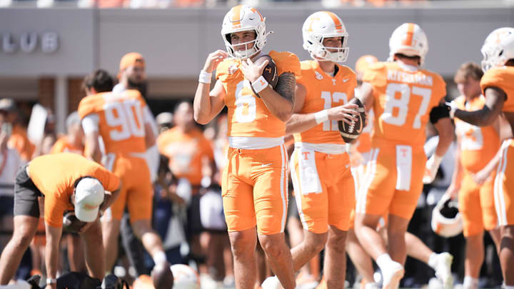 Tennessee quarterback Joey Aguilar (6) on the field before a college football game between Tennessee and UAB at Neyland Stadium in Knoxville, Tenn., on Sept. 20, 2025.