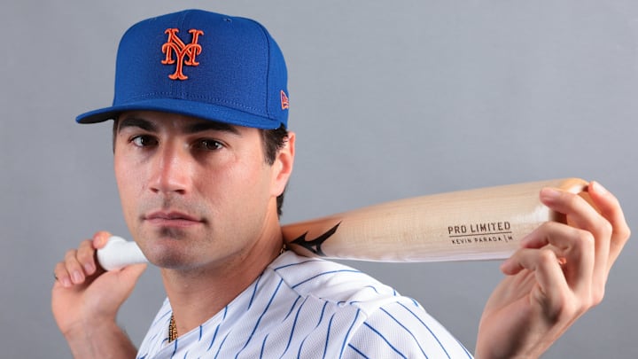Feb 19, 2026; Port St. Lucie, FL, USA; New York Mets catcher Kevin Parada (95) poses for a photo during media day at Clover Park. Mandatory Credit: Sam Navarro-Imagn Images