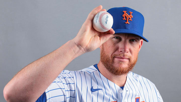Feb 19, 2026; Port St. Lucie, FL, USA; New York Mets pitcher Craig Kimbrel (46) poses for a photo during media day at Clover Park. Mandatory Credit: Sam Navarro-Imagn Images