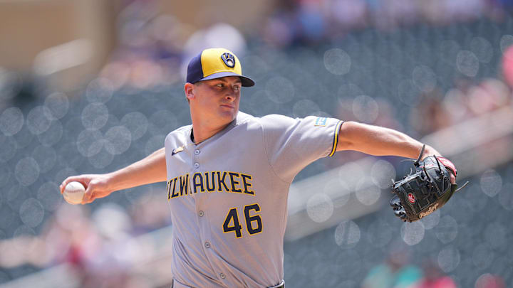 Milwaukee Brewers pitcher Quinn Priester (46) pitches against the Minnesota Twins in the first inning at Target Field on June 22. 