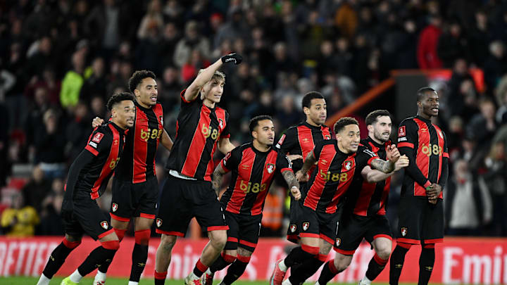 Bournemouth players celebrate after their penalty shootout win over Wolves in the FA Cup 