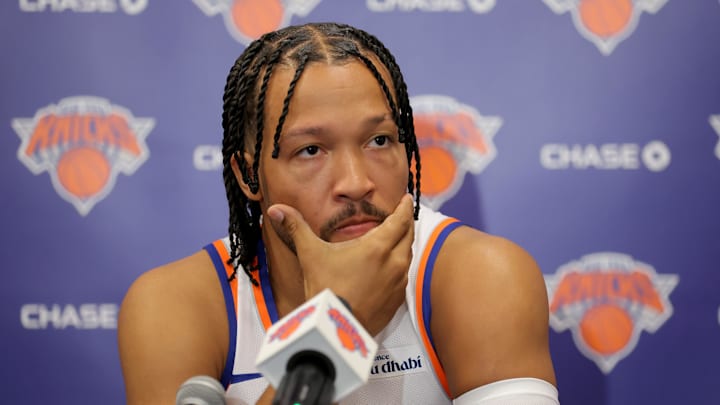 Sep 23, 2025; New York, NY, USA; New York Knicks guard Jalen Brunson speaks to the media during a media day press conference at the Madison Square Garden training center. Mandatory Credit: Brad Penner-Imagn Images