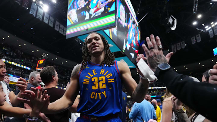 May 3, 2025; Denver, Colorado, USA; Denver Nuggets forward Aaron Gordon (32) celebrates the win over the LA Clippers following game seven of first round for the 2025 NBA Playoffs at Ball Arena. Mandatory Credit: Ron Chenoy-Imagn Images May 3, 2025; Denver, Colorado, USA; Denver Nuggets forward Aaron Gordon (32) celebrates the win over the LA Clippers following game seven of first round for the 2025 NBA Playoffs at Ball Arena. Mandatory Credit: Ron Chenoy-Imagn Images