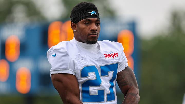 Detroit Lions defensive back Christian Izien (27) looks on during Detroit Lions training camp