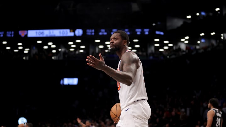 Jan 23, 2024; Brooklyn, New York, USA; New York Knicks forward Julius Randle (30) gestures at the fans during the fourth quarter against the Brooklyn Nets at Barclays Center. Mandatory Credit: Brad Penner-USA TODAY Sports
