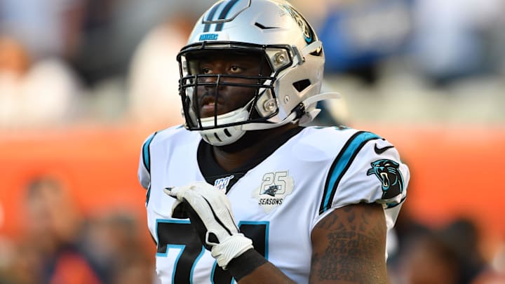 Aug 8, 2019; Chicago, IL, USA; Carolina Panthers tackle Greg Little (74) warms up before a game against the Chicago Bears at Soldier Field. Mandatory Credit: Matt Cashore-Imagn Images