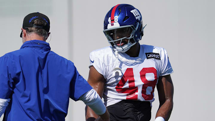 Jul 26, 2024; East Rutherford, NJ, USA; New York Giants linebacker Benton Whitley (48) gets instruction during training camp at Quest Diagnostics Training Center. Jul 26, 2024; East Rutherford, NJ, USA; New York Giants linebacker Benton Whitley (48) gets instruction during training camp at Quest Diagnostics Training Center.